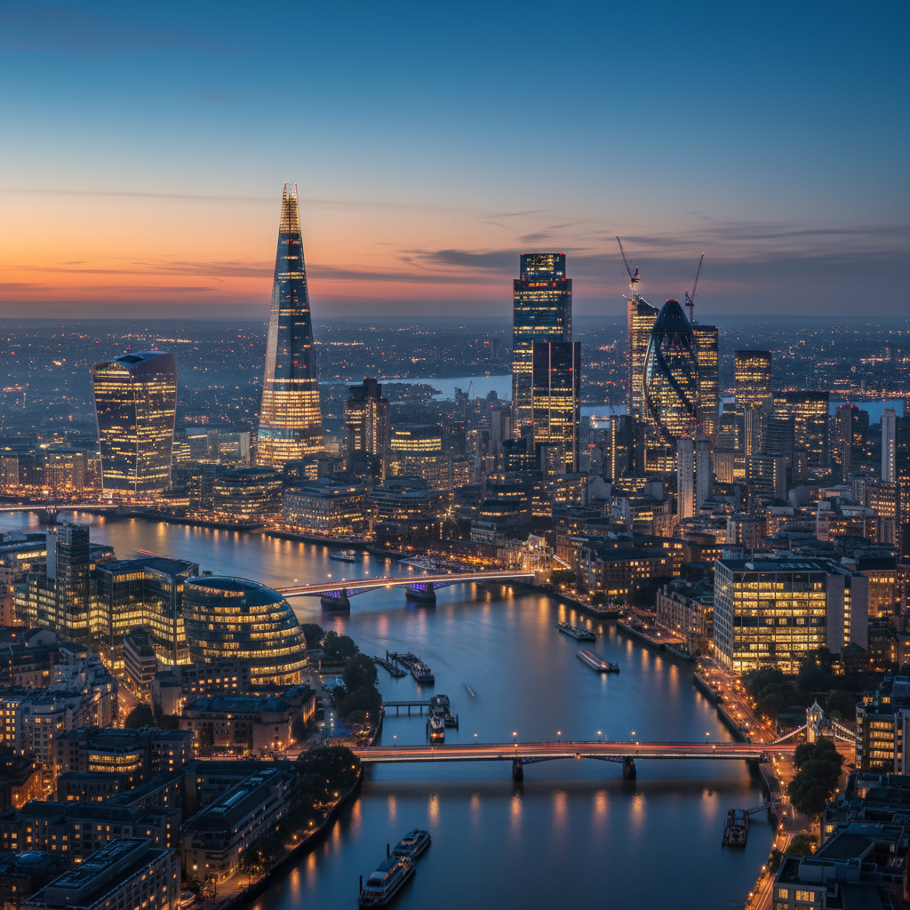 A wide shot of the iconic London skyline at dusk, with modern skyscrapers illuminated, symbolizing a vibrant global business hub. Photorealistic, high-resolution.