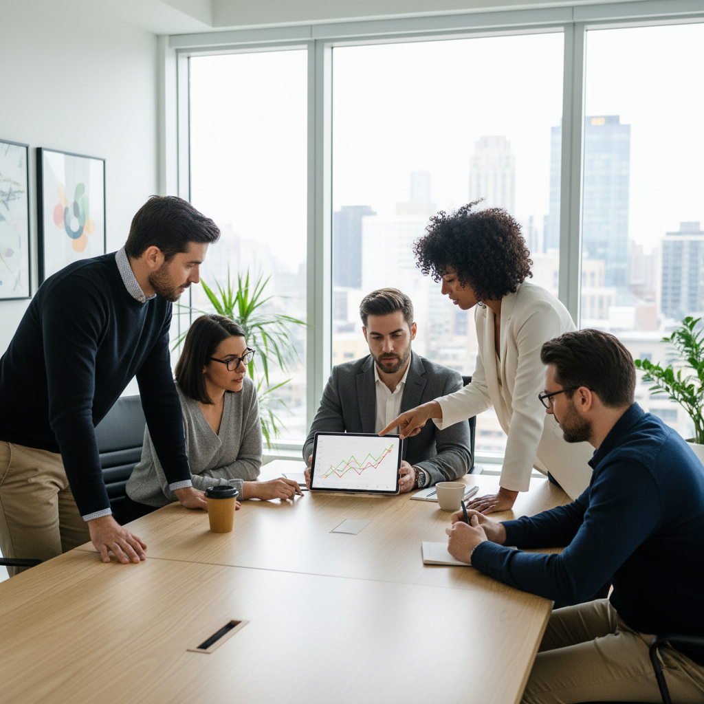 A professional, diverse group of business people, casually dressed but focused, engaged in a discussion around a table in a bright, modern office space. One person points at a digital tablet showing a business graph. Photorealistic.