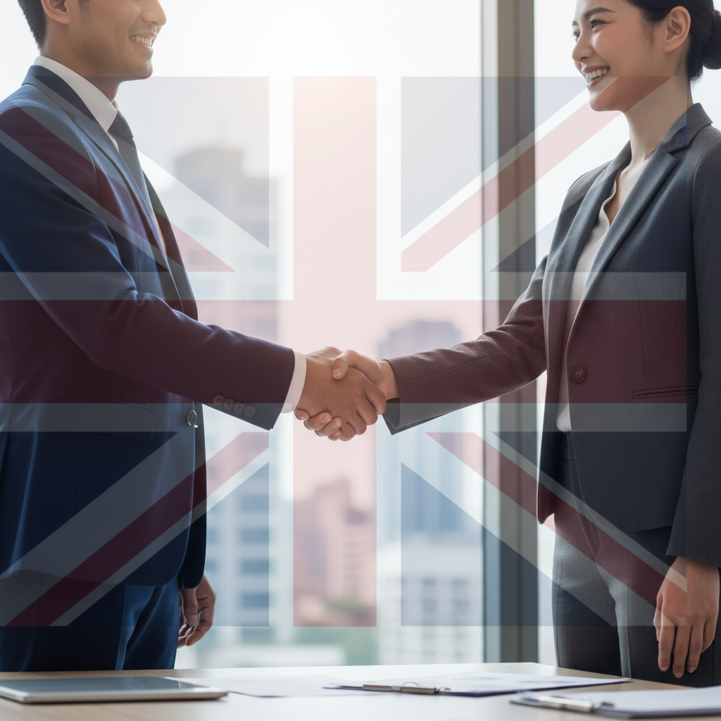A confident handshake between two business people in a modern, light-filled office, with a subtle Union Jack flag in the background, symbolizing successful international collaboration. Photorealistic, depth of field.