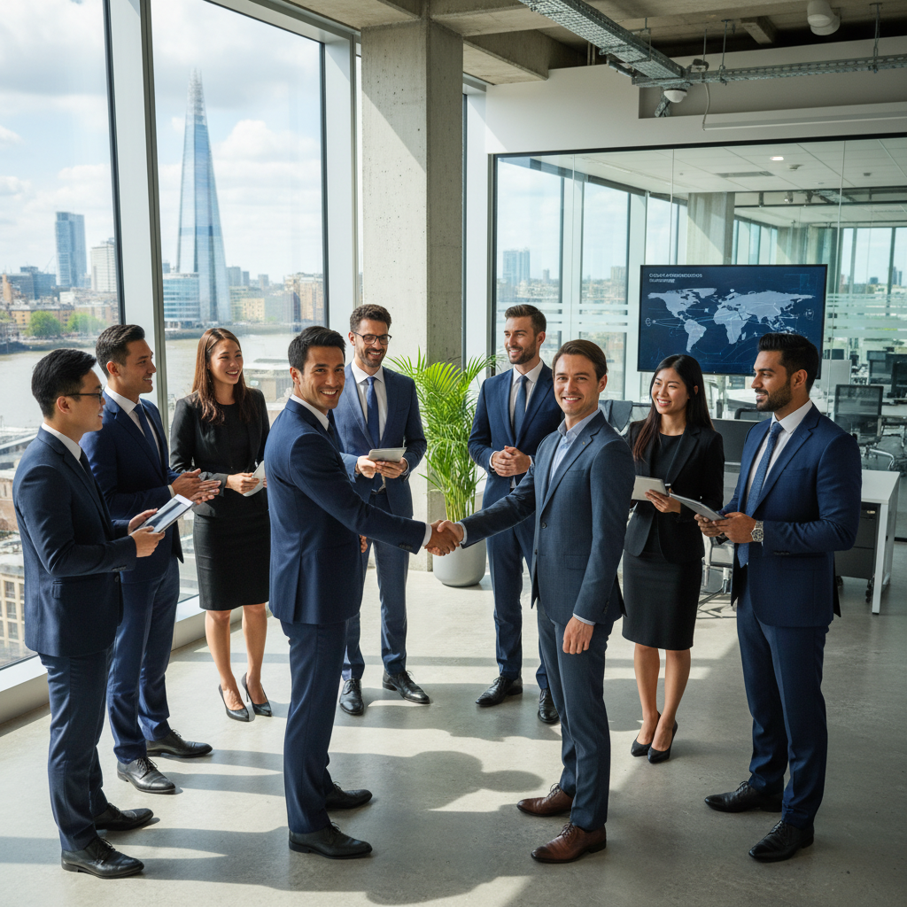 A diverse group of business professionals from different backgrounds, smiling and shaking hands in a modern, sunlit office in London, illustrating successful international business networking. Photorealistic, wide shot.