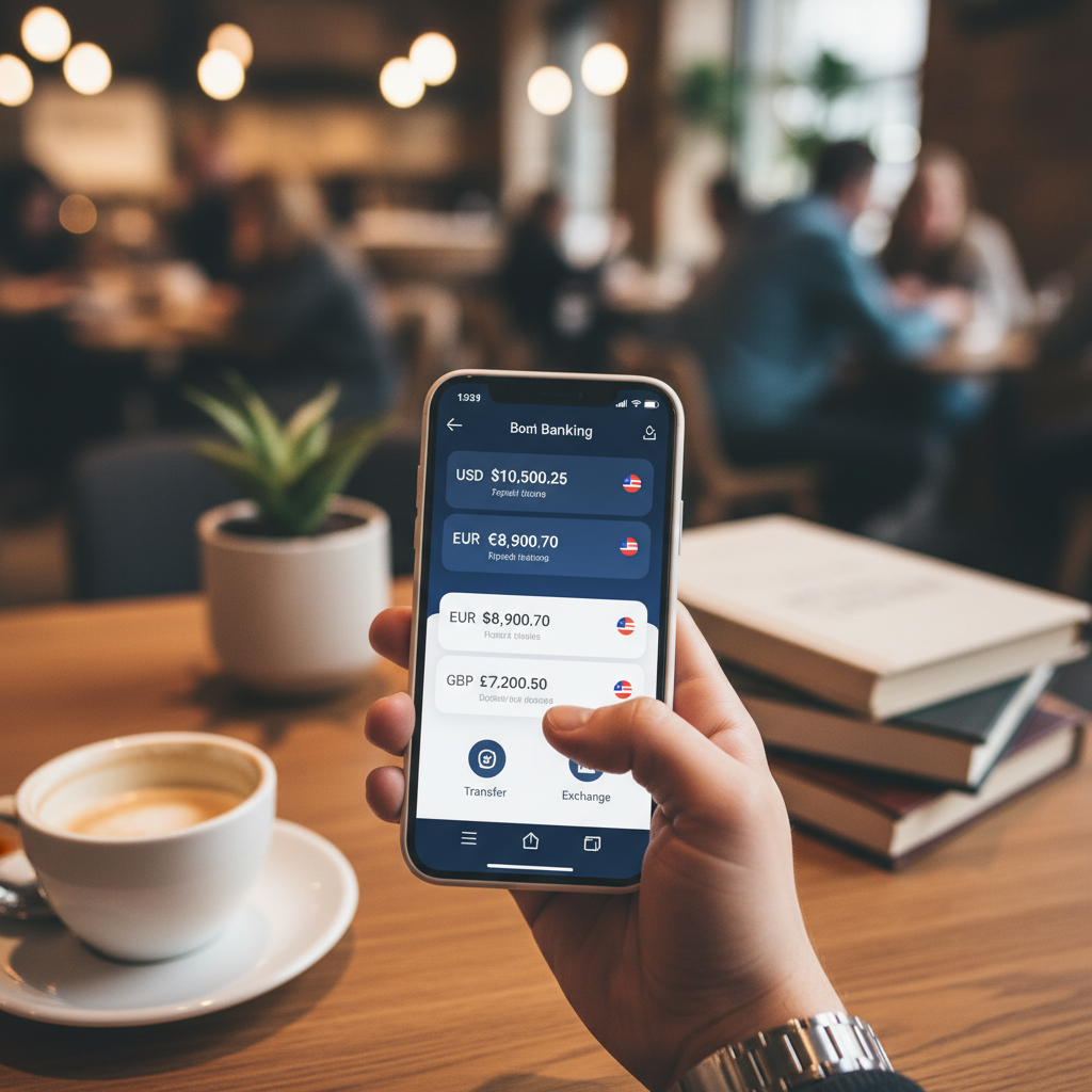 A close-up shot of a smartphone screen displaying a sleek banking app interface with multi-currency options, held in the hand of a person in a modern cafe, showcasing digital banking convenience. Photorealistic, shallow depth of field.