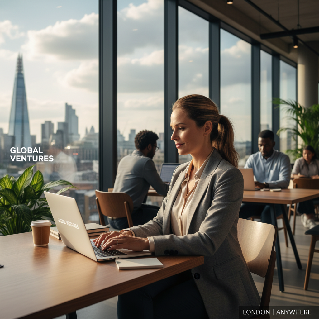 An expat entrepreneur confidently working on a laptop in a co-working space in London, with city skyline visible through the window, illustrating successful business management from anywhere. Photorealistic, vibrant, professional.