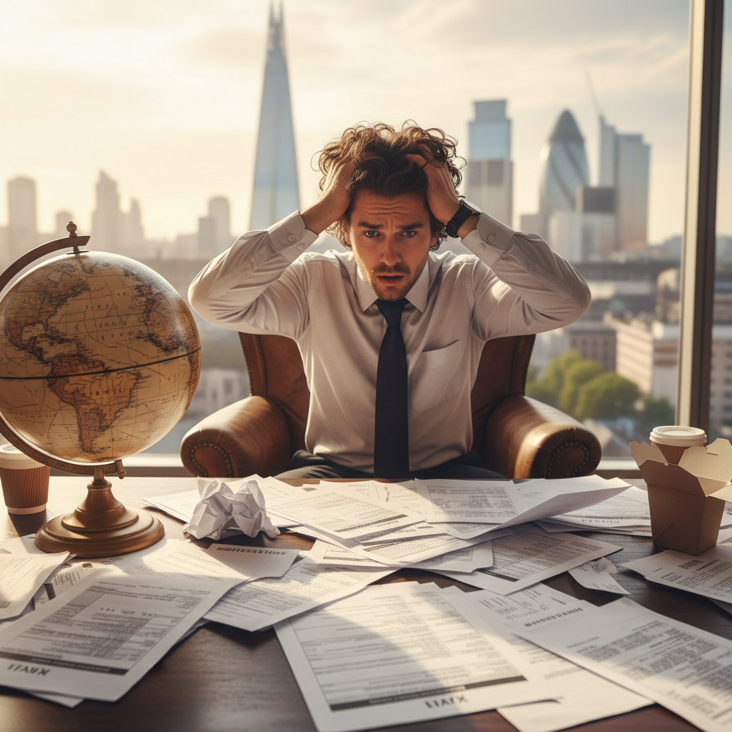 A person looking perplexed while surrounded by numerous tax documents and a globe, with a blurred backdrop of the London skyline, highly detailed, realistic photography