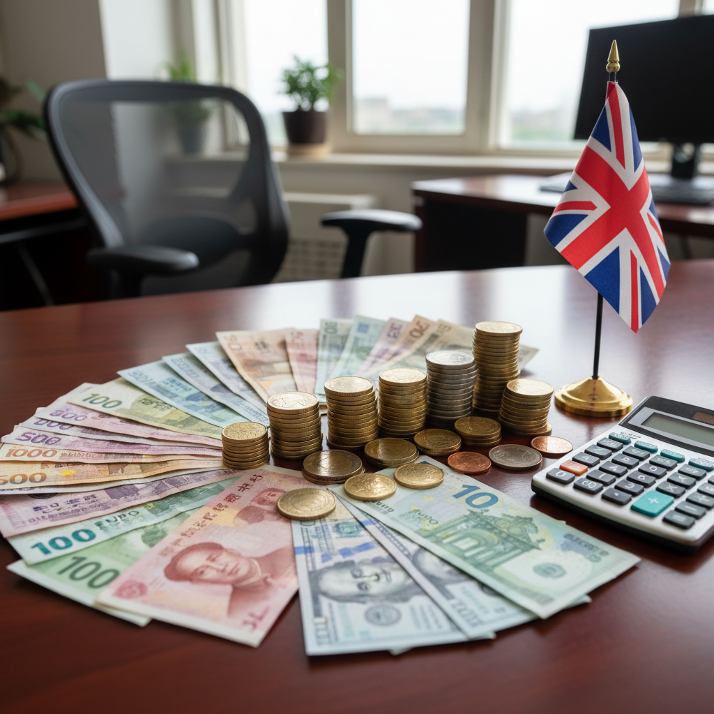 A diverse collection of international banknotes and coins neatly arranged on a polished wooden desk, alongside a calculator and a small British flag, in a clean, professional setting, high resolution, soft lighting