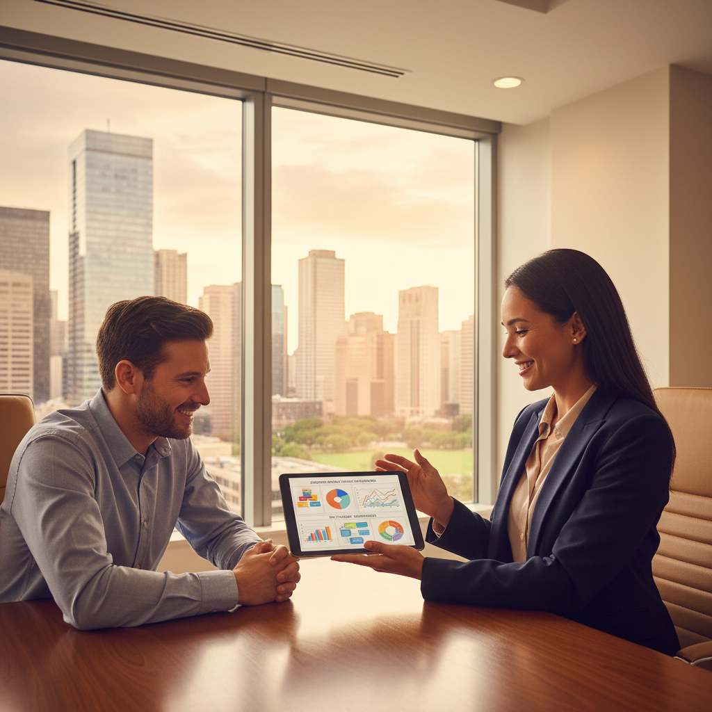 A professional female tax advisor in a modern, brightly lit office, explaining complex tax concepts on a tablet to a relieved male expat, both smiling, with a cityscape visible through a large window, realistic, warm tones