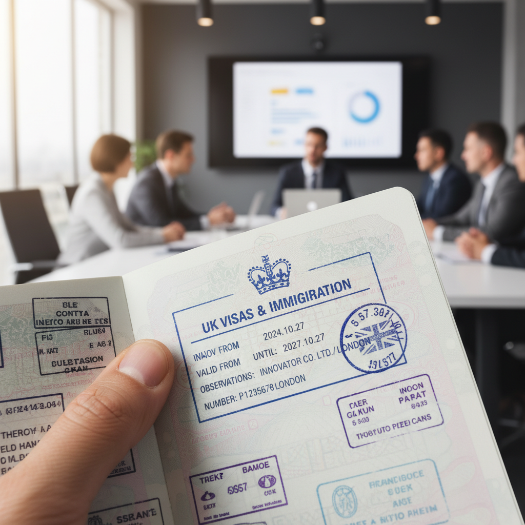 A close-up shot of a UK Innovator Founder Visa stamp in a passport, held by a person with a blurred business meeting in the background, professional lighting, photorealistic