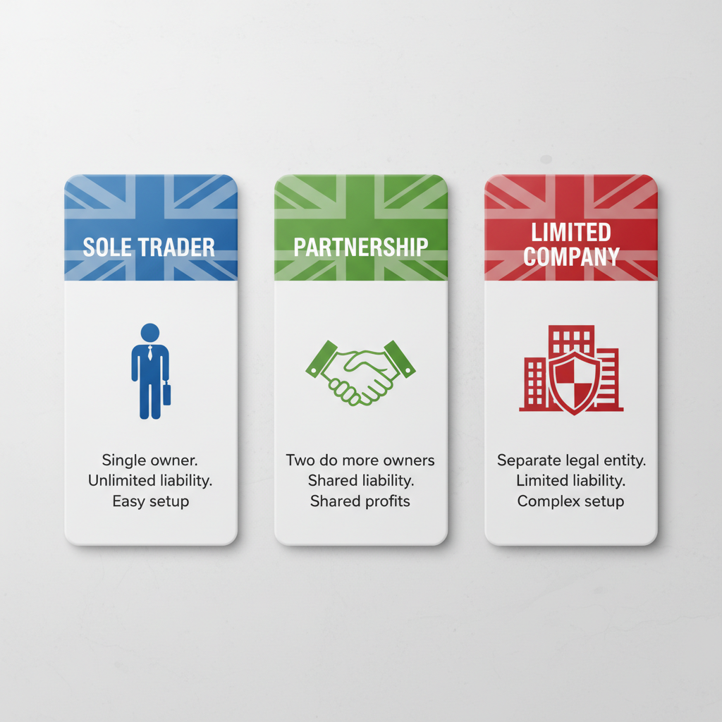 An infographic-style image illustrating three distinct UK business structures: 'Sole Trader' represented by a single person icon, 'Partnership' by two handshake icons, and 'Limited Company' by a shield and corporate building icon, with brief descriptive text for each, clean, modern, vector art, photorealistic details