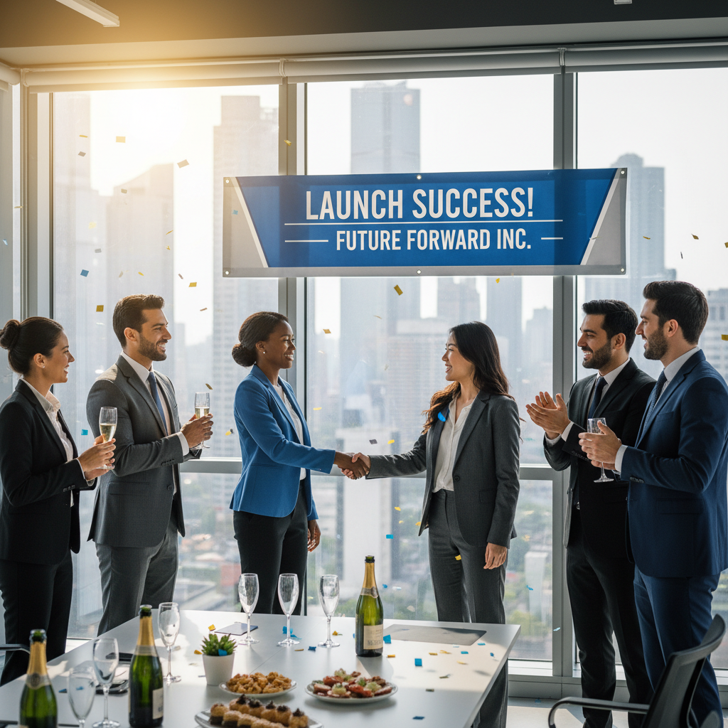 A diverse group of business professionals in a modern, brightly lit office, shaking hands and smiling, representing a successful business launch, professional, corporate setting, photorealistic