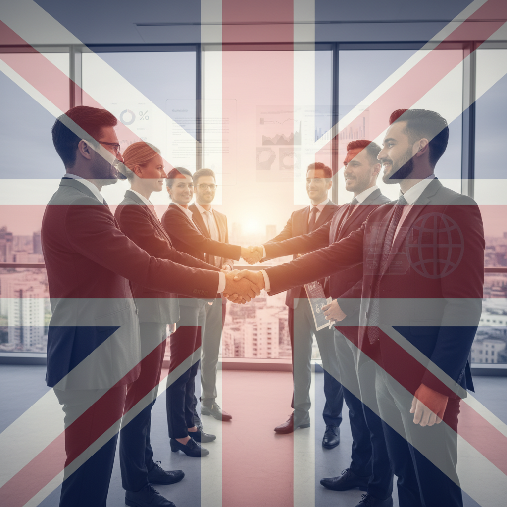 A diverse group of business professionals shaking hands in a modern, light-filled office, with a subtle overlay of the UK flag and business documents. Photorealistic, wide shot.