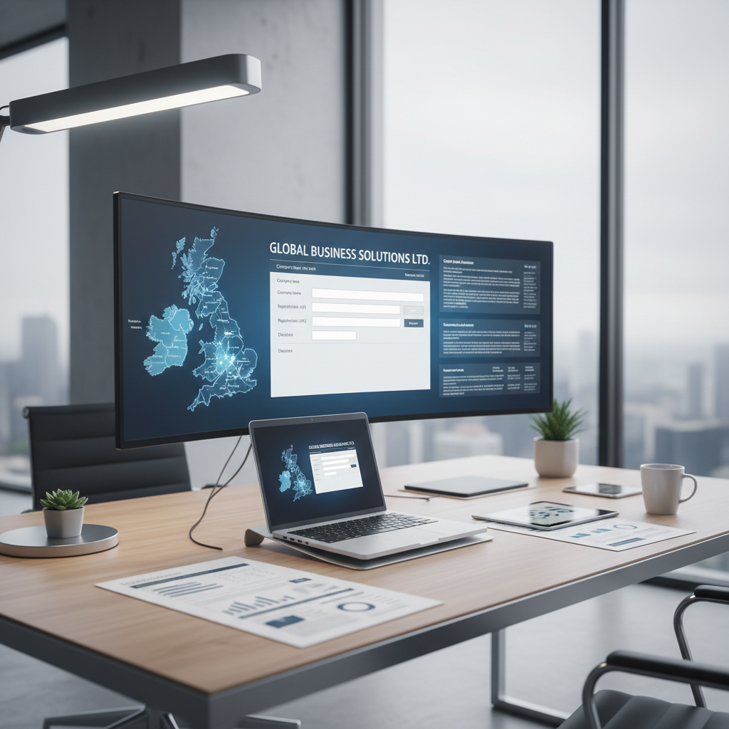 A sleek, modern virtual office setup with a laptop displaying a company registration form, a UK map, and various business documents. Bright and professional lighting, photorealistic.