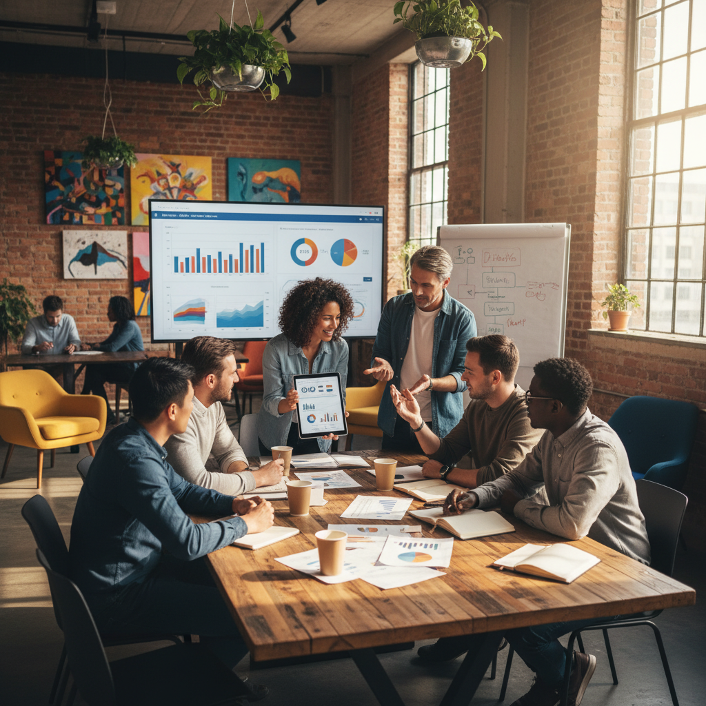 A diverse team of international entrepreneurs collaborating in a vibrant co-working space, looking at financial reports and discussing strategy. Warm, inviting atmosphere, photorealistic.